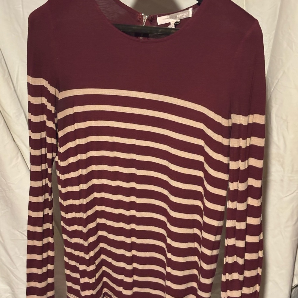 Forever 21 Burgundy and Cream Striped Long Sleeve Tee